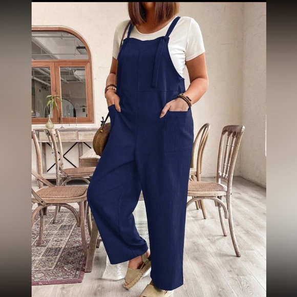 Boho Plus Size Pockets Straps Knot Wide Leg Jumpsuit - Picture 1 of 14